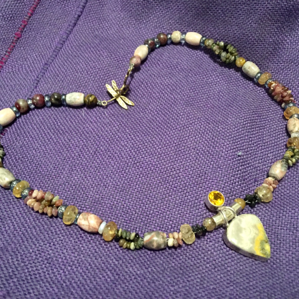 Bumble Bee Jasper Pendant In Sterling W/ Tourmaline Beads & Dragonfly Clasp